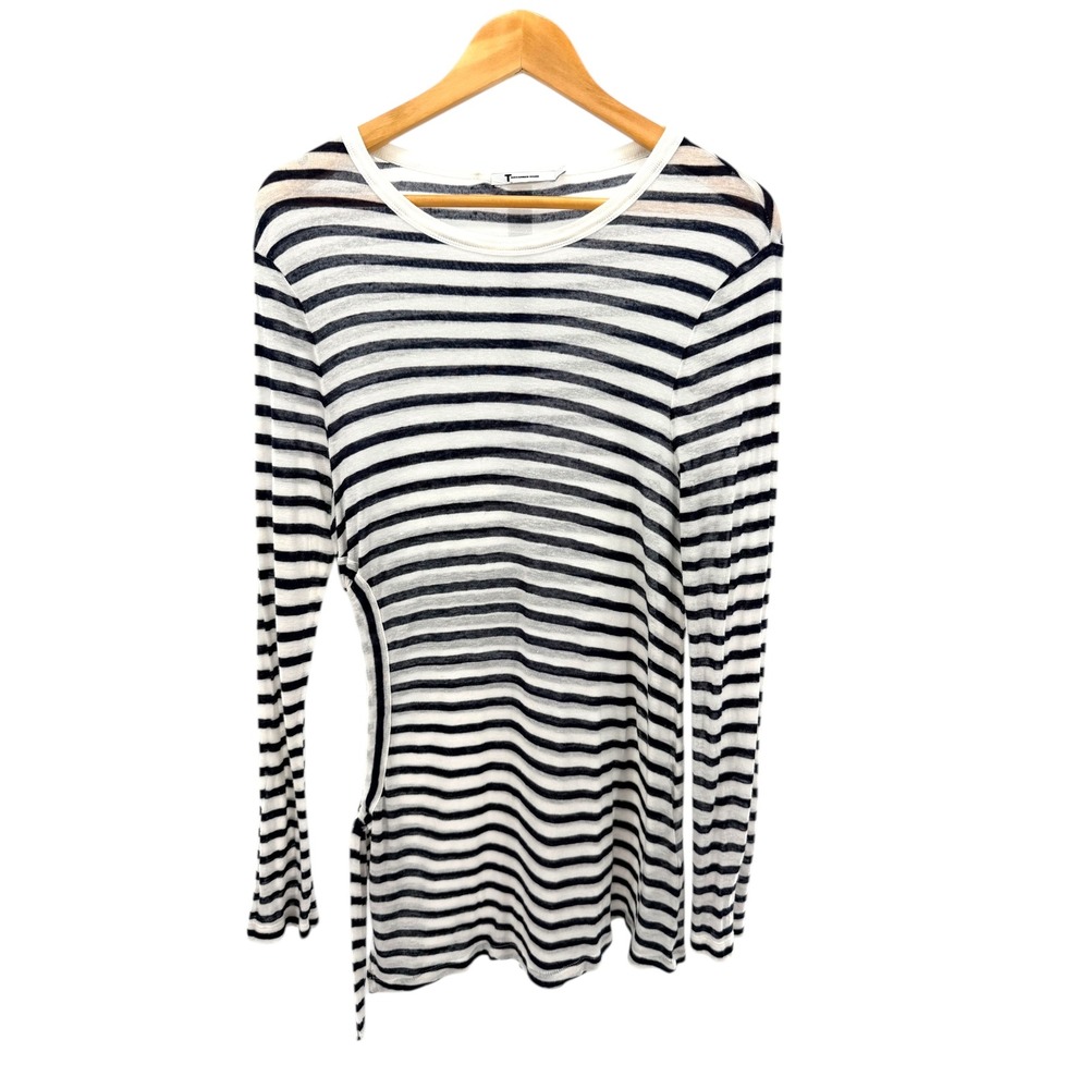 T by Alexander Wang Black White Striped Sheer Long Sleeve Knit Top Side Cutout M